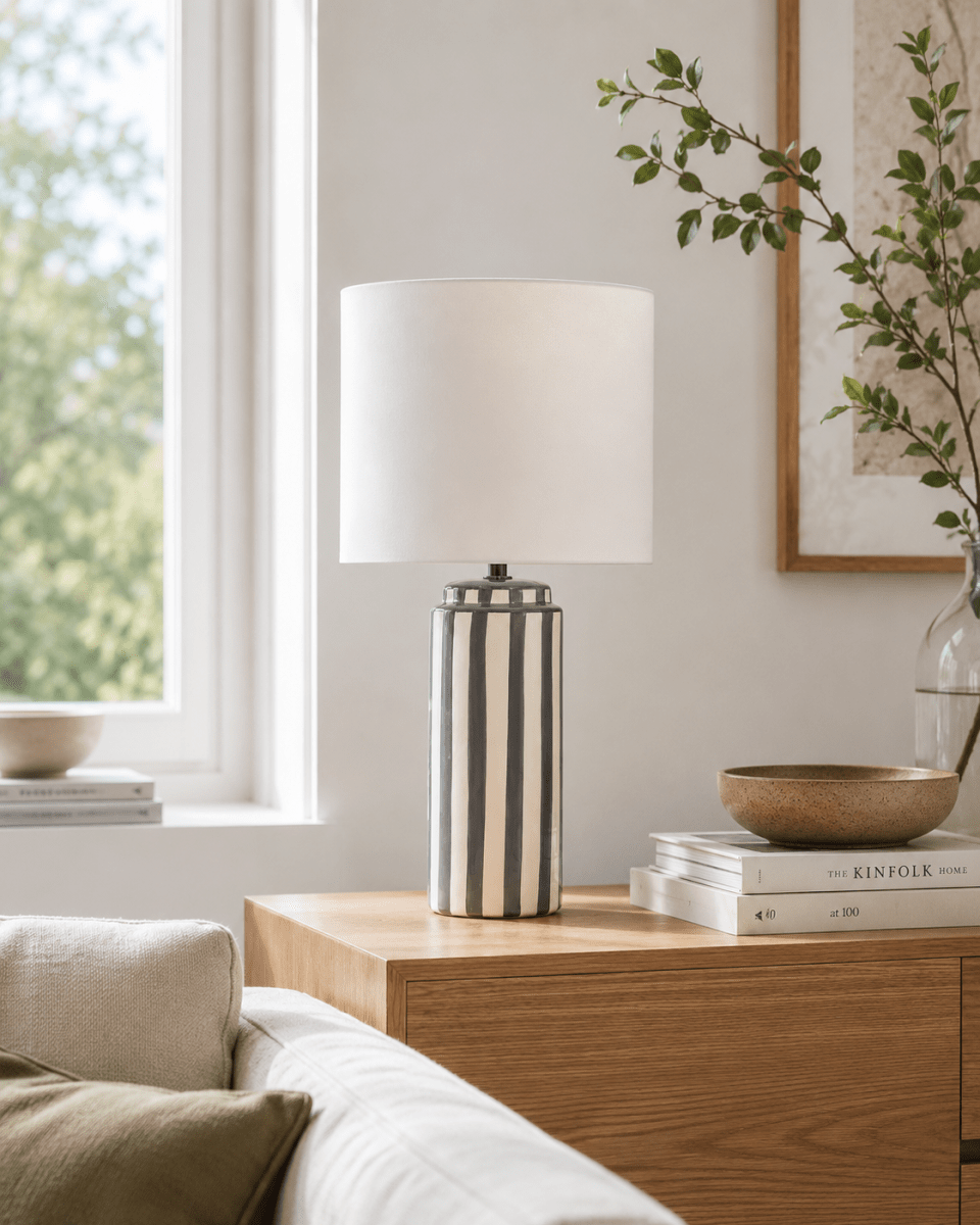 Faro 50cm Grijs/wit tafellamp Van Nordic Lighting - Faro is een stijlvolle tafellamp die een klassieke vorm combineert met een grafische uitstraling.