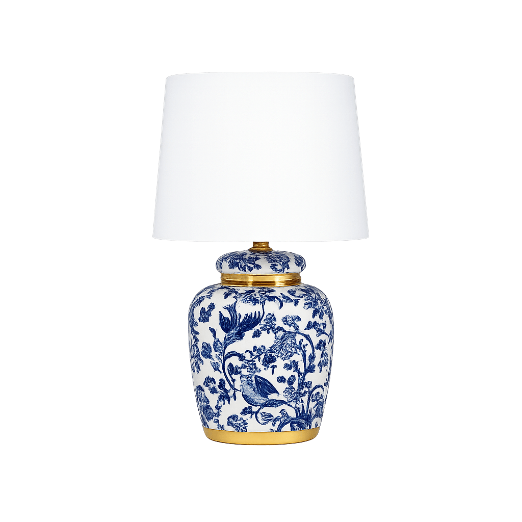 Blomsterlilla 30cm Blauw tafellamp Van Lampan - Prachtige tafellamp met een decoratief blauw-wit patroon op de porseleinen voet met messing details.