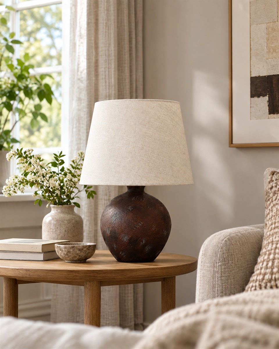 Bellmini 30cm Donkerbruin tafellamp Van Nordic Lighting - De Bellmini tafellamp heeft een prachtige keramische voet met een donkerbruine, rustieke afwerking en een beige linnen kap.