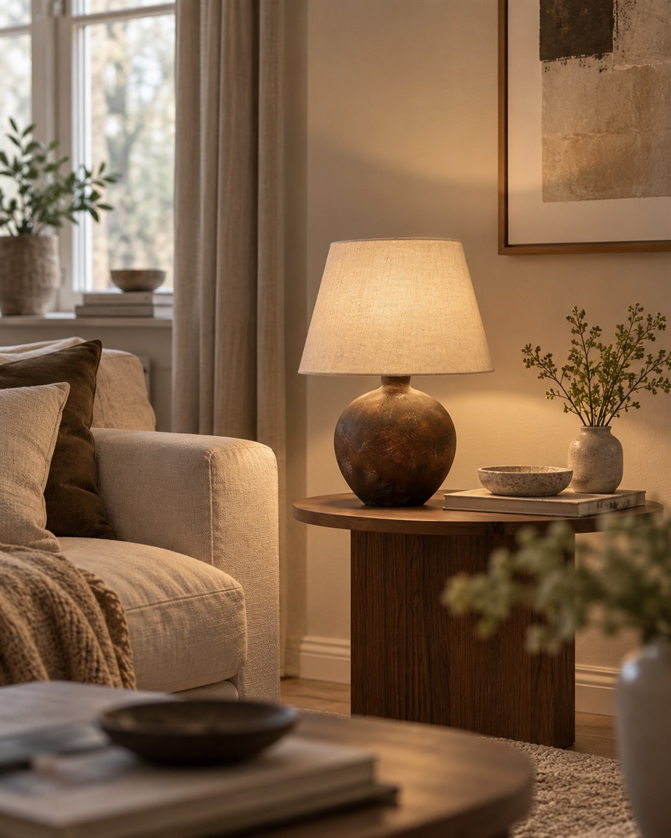 Bellmini 30cm Donkerbruin tafellamp Van Nordic Lighting - De Bellmini tafellamp heeft een prachtige keramische voet met een donkerbruine, rustieke afwerking en een beige linnen kap.