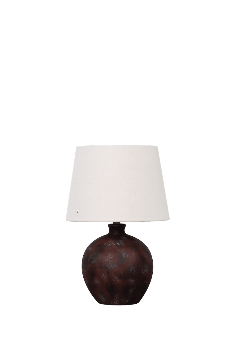  Bellmini 30cm Donkerbruin tafellamp Van Nordic Lighting - De Bellmini tafellamp heeft een prachtige keramische voet met een donkerbruine, rustieke afwerking en een beige linnen kap.