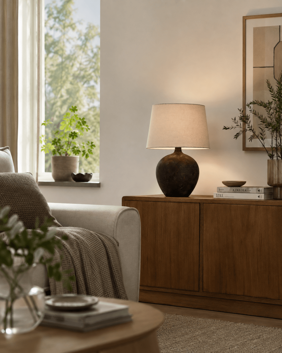 Bella 42cm Donkerbruin tafellamp Van Nordic Lighting - De Bella tafellamp heeft een prachtige keramische voet in donkerbruine, rustieke afwerking en een beige linnen kap.
