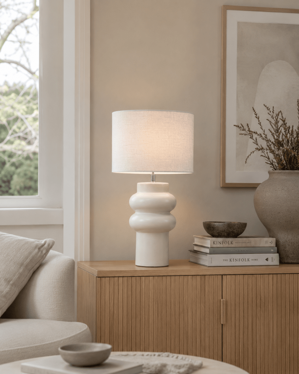 Anelli 56cm Wit tafellamp Van Nordic Lighting - De Anelli tafellamp combineert een stijlvolle keramische voet met een elegante linnen kap.