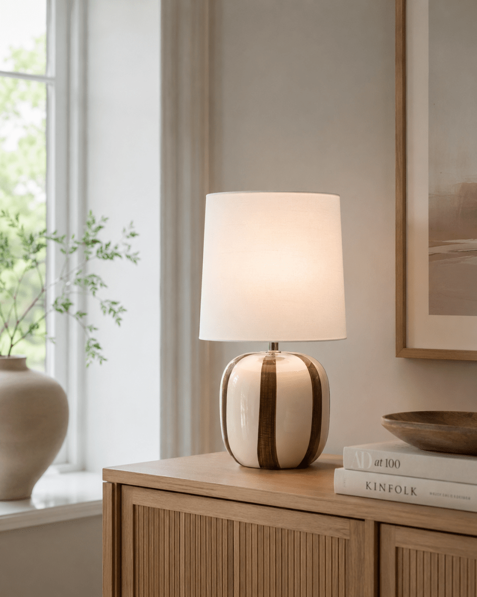 Pholca 38cm Wit/bruin tafellamp Van Nordic Lighting - De lampvoet is gemaakt van keramiek met een cr&egrave;mekleurige basis en bruine strepen die leven en karakter toevoegen.