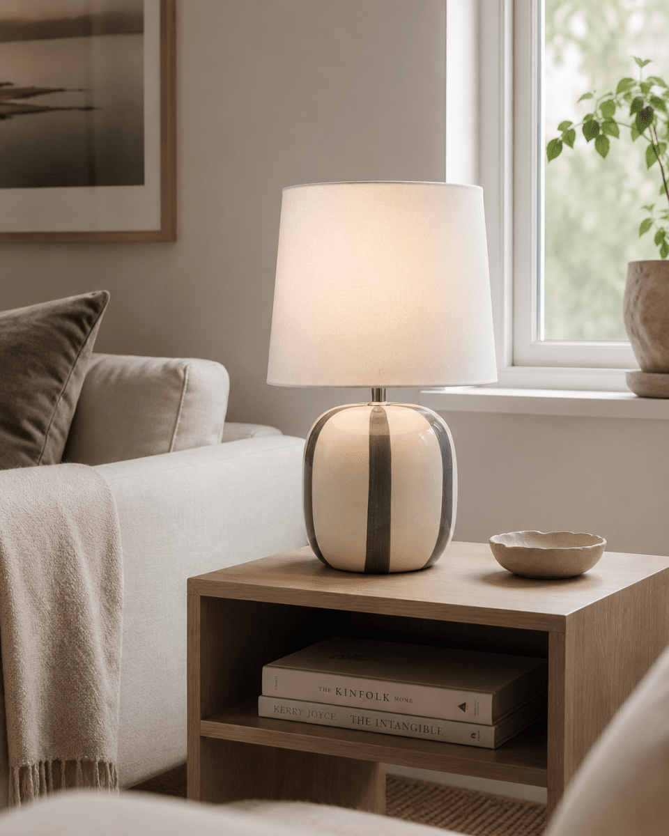 Pholca 38cm Wit/grijs tafellamp Van Nordic Lighting - Wordt geleverd met een transparant snoer van 1,8 m, een aan/uit-schakelaar en een stekker.