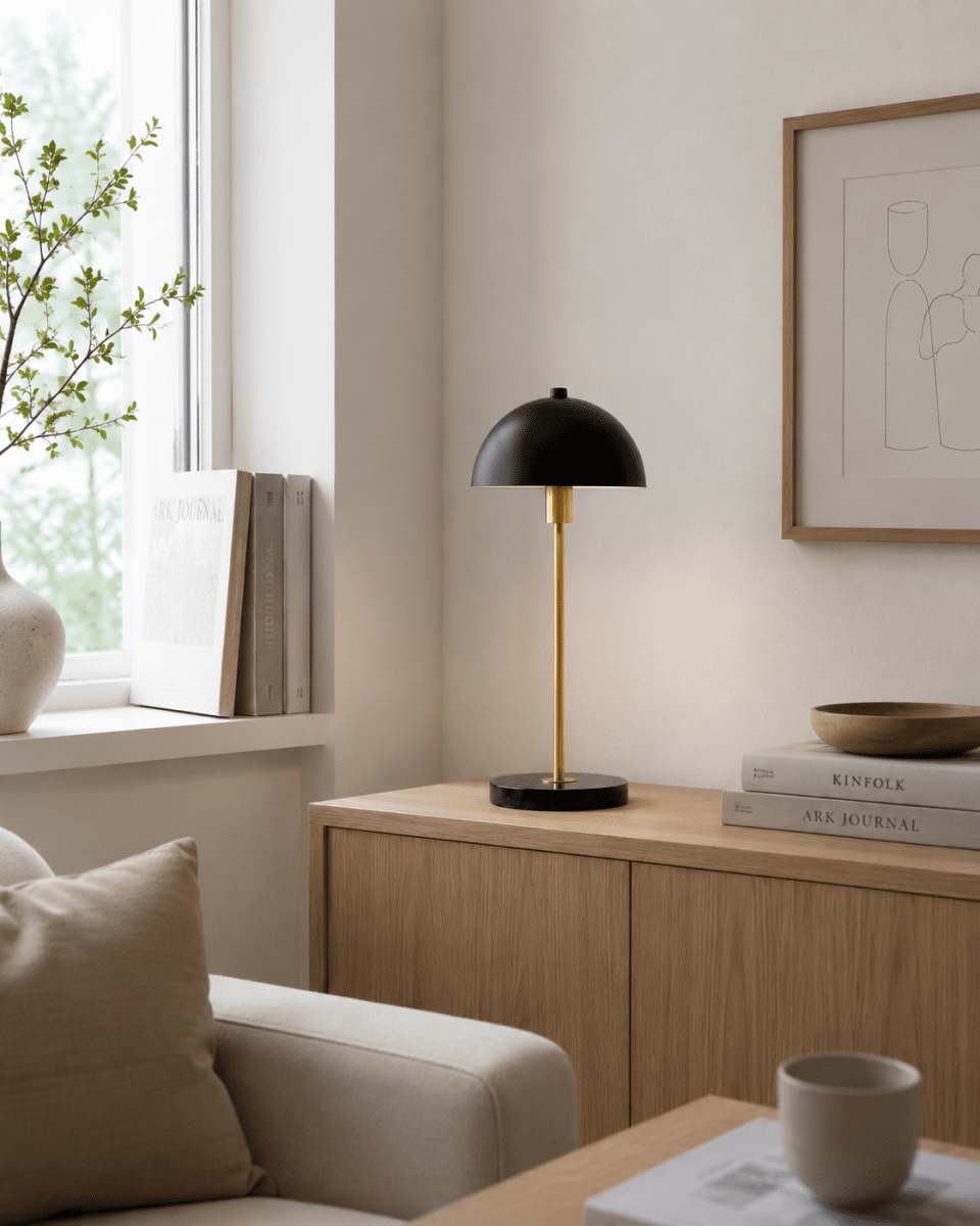 Dito 47cm Zwart tafellamp Van Nordic Lighting - De zwarte kap en marmeren voet zorgen voor een verfijnde uitstraling, terwijl de stang met glanzende gouden afwerking een warme en luxueuze sfeer toevoegt.