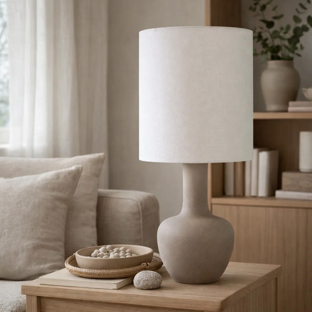 Boda 78cm Zand tafellamp Van Nordic Lighting - De combinatie van de strakke lijnen en de natuurlijke materialen maakt de lamp tot een opvallend pronkstuk dat zowel op een bijzettafel als op een bureau prachtig staat.