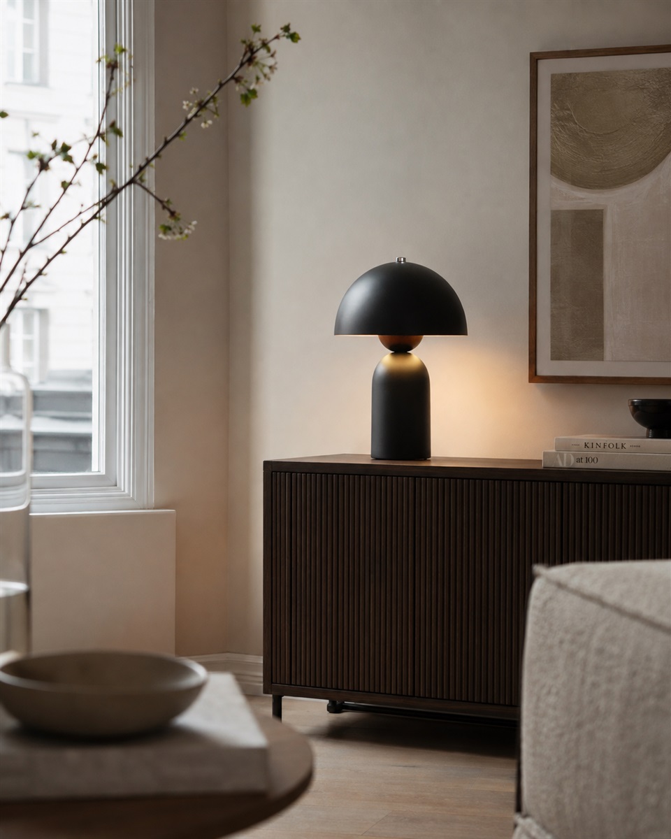 Capello 35cm Zwart tafellamp Van Nordic Lighting - De lamp heeft een ronde kap en een zacht gevormde voet die een harmonieuze balans tussen de vormen cre&euml;ert.