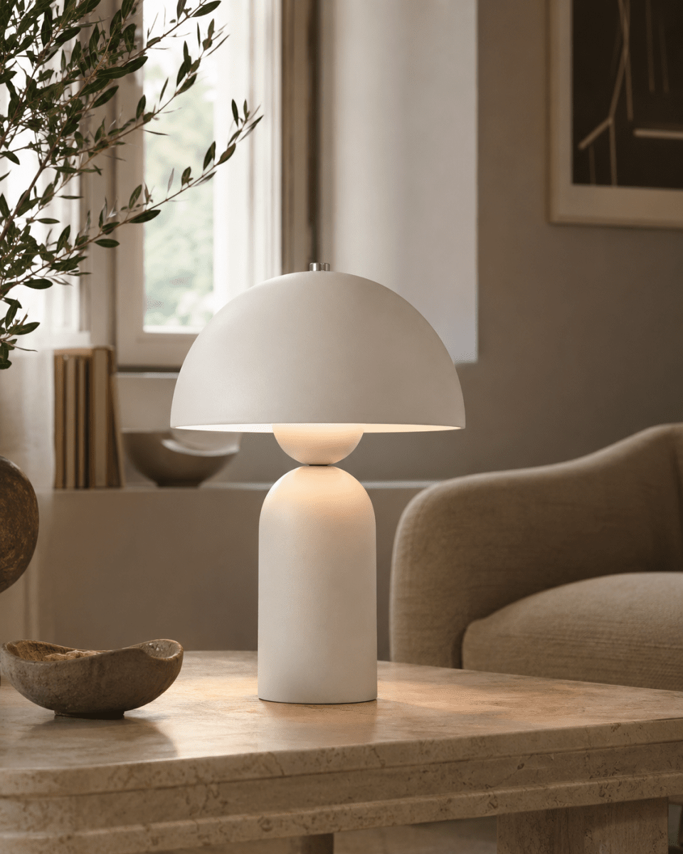 Capello 35cm Wit tafellamp Van Nordic Lighting - De lamp heeft een ronde kap en een zacht gevormde voet die een harmonieuze balans tussen de vormen cre&euml;ert.