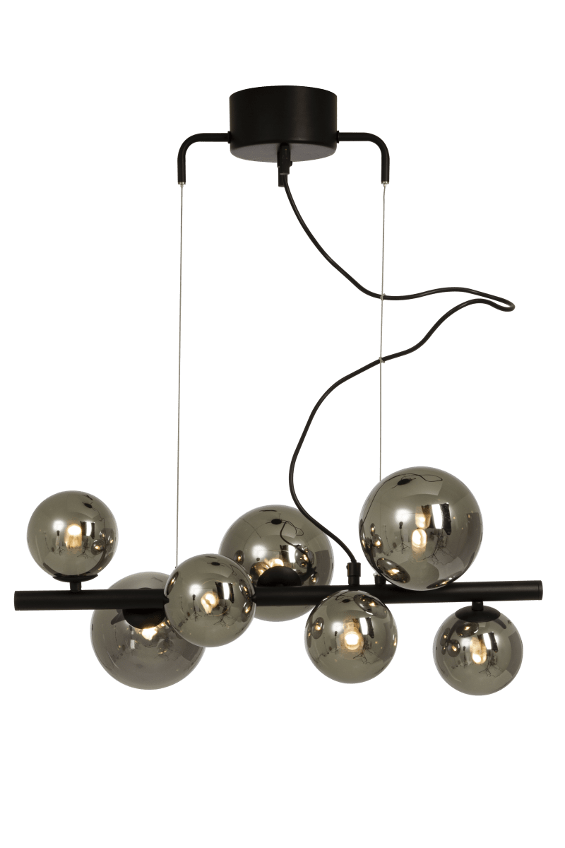 Molekyl 58cm Rookgrijs hanglamp Van Aneta Lighting - MOLEKYL moderne stijlvolle plafondlamp in zwart gelakt metaal met 7 rookglazen kappen in twee kleuren.
