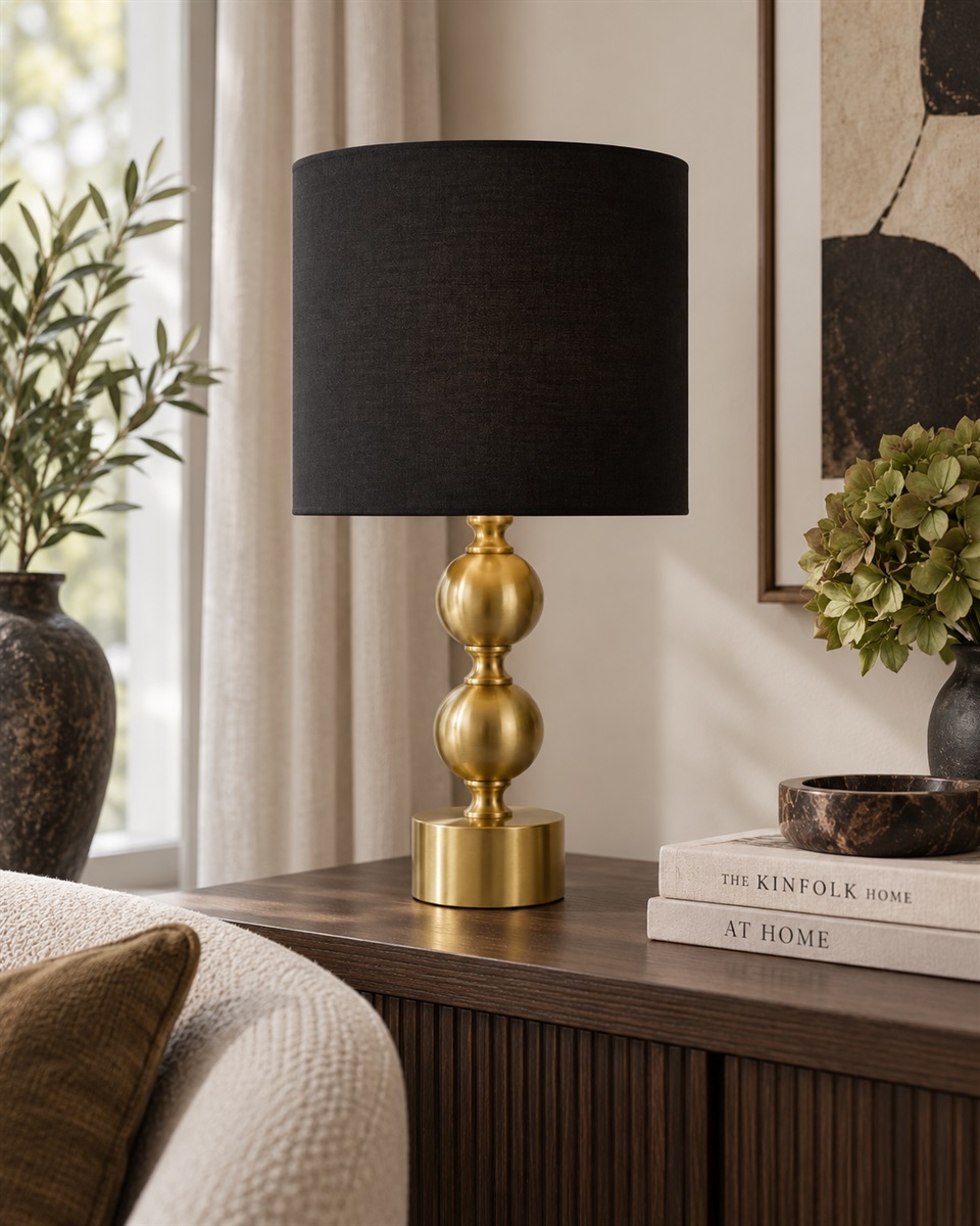 Circolo 48cm Messing/zwart tafellamp Van Nordic Lighting - De Circolo tafellamp combineert een decoratieve metalen voet met een elegante messing afwerking en een klassieke zwarte linnen kap.