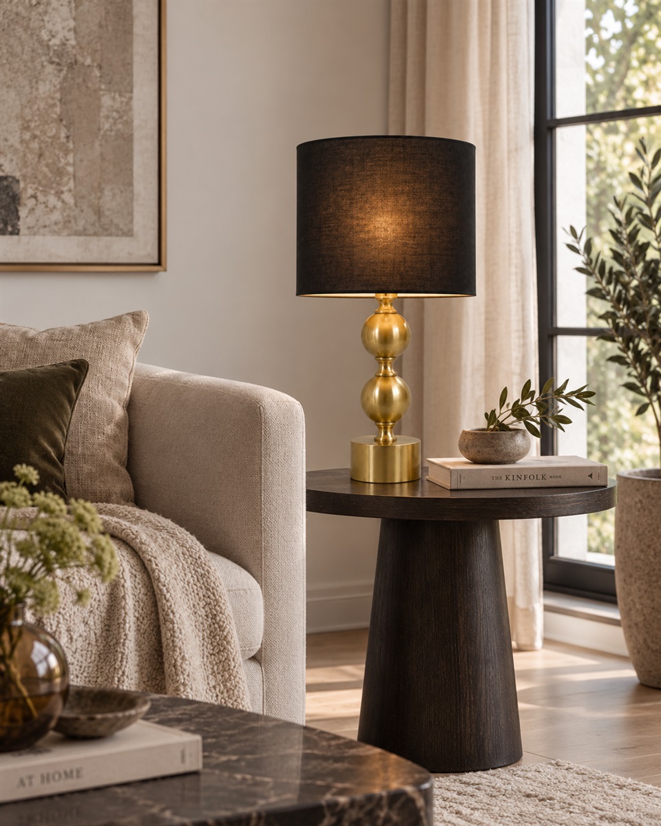 Circolo 48cm Messing/zwart tafellamp Van Nordic Lighting - De Circolo tafellamp combineert een decoratieve metalen voet met een elegante messing afwerking en een klassieke zwarte linnen kap.