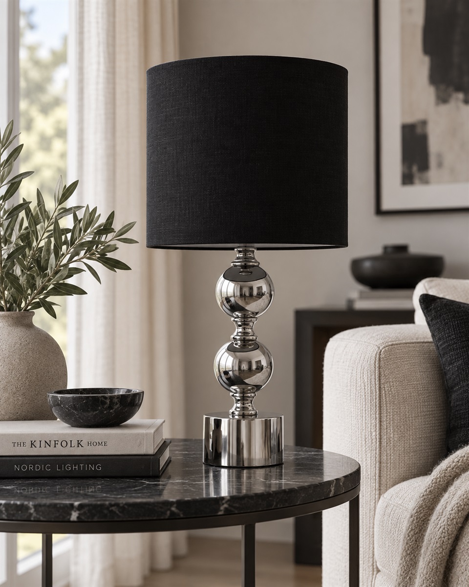 Circolo 48cm Chroom/zwart tafellamp Van Nordic Lighting - De Circolo tafellamp combineert een decoratieve metalen voet met een elegante chromen afwerking en een klassieke zwarte linnen kap.