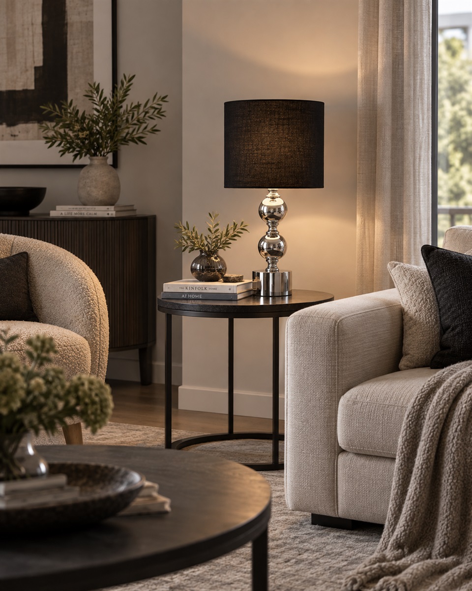 Circolo 48cm Chroom/zwart tafellamp Van Nordic Lighting - De Circolo tafellamp combineert een decoratieve metalen voet met een elegante chromen afwerking en een klassieke zwarte linnen kap.