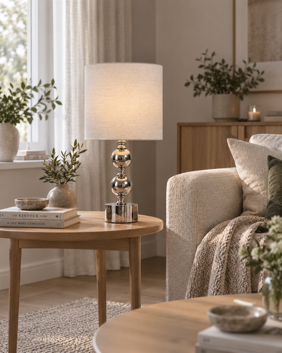 Circolo 48cm Chroom/wit tafellamp Van Nordic Lighting - De Circolo tafellamp combineert een decoratieve metalen voet met een elegante chromen afwerking en een klassieke witte linnen kap.