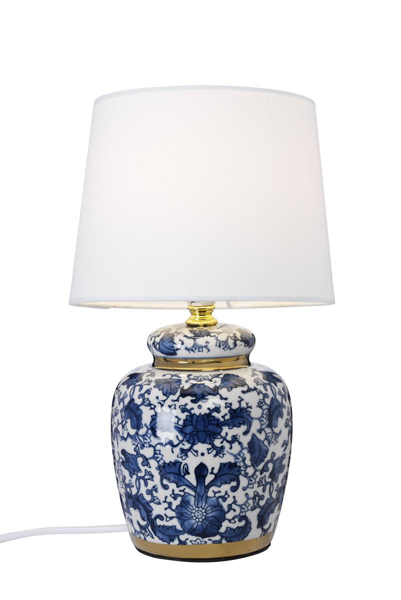 Klassisk 30cm Blauw tafellamp Van Cottex - De witte textielen kap verspreidt een zacht en uitnodigend licht, waardoor de lamp perfect is voor een huiselijke sfeer in de woonkamer of op het nachtkastje.
