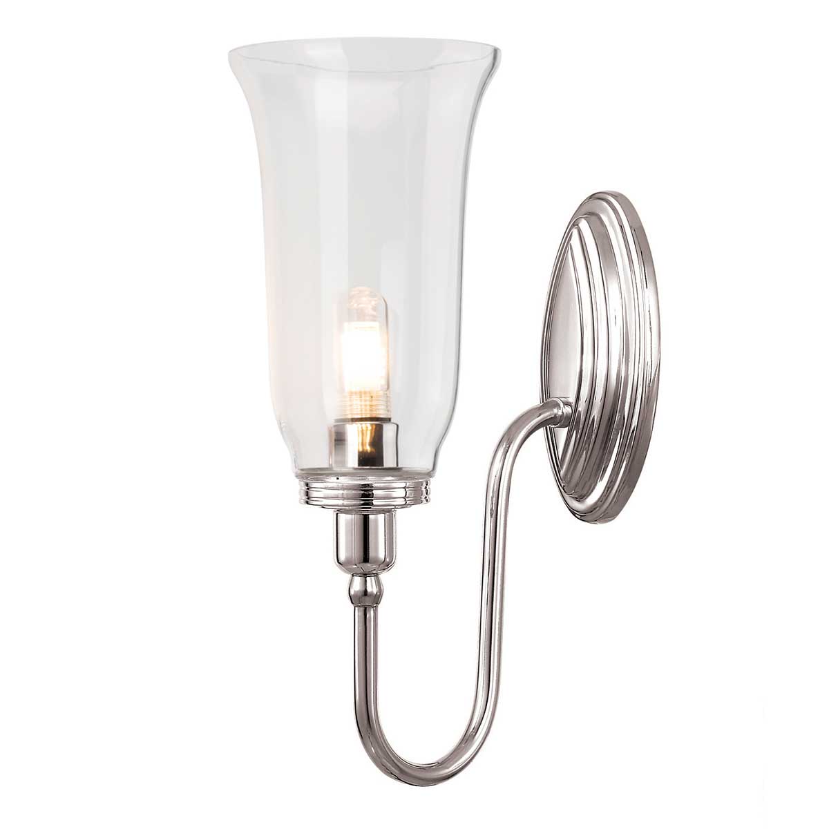 Blake 34cm Gepolijst nikkel badkamerlamp Van Elstead Lighting - De lamp is verkrijgbaar in verschillende stijlen en glasuitvoeringen en wordt aangeboden met oppervlakken in gepolijst chroom, gepolijst nikkel en gepolijst messing.