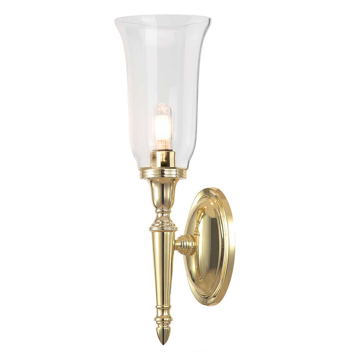 Dryden 40cm Gepolijst messing badkamerlamp Van Elstead Lighting - De lamp heeft prachtige glasdetails en is IP44-geclassificeerd, waardoor hij geschikt is voor gebruik in de badkamer.