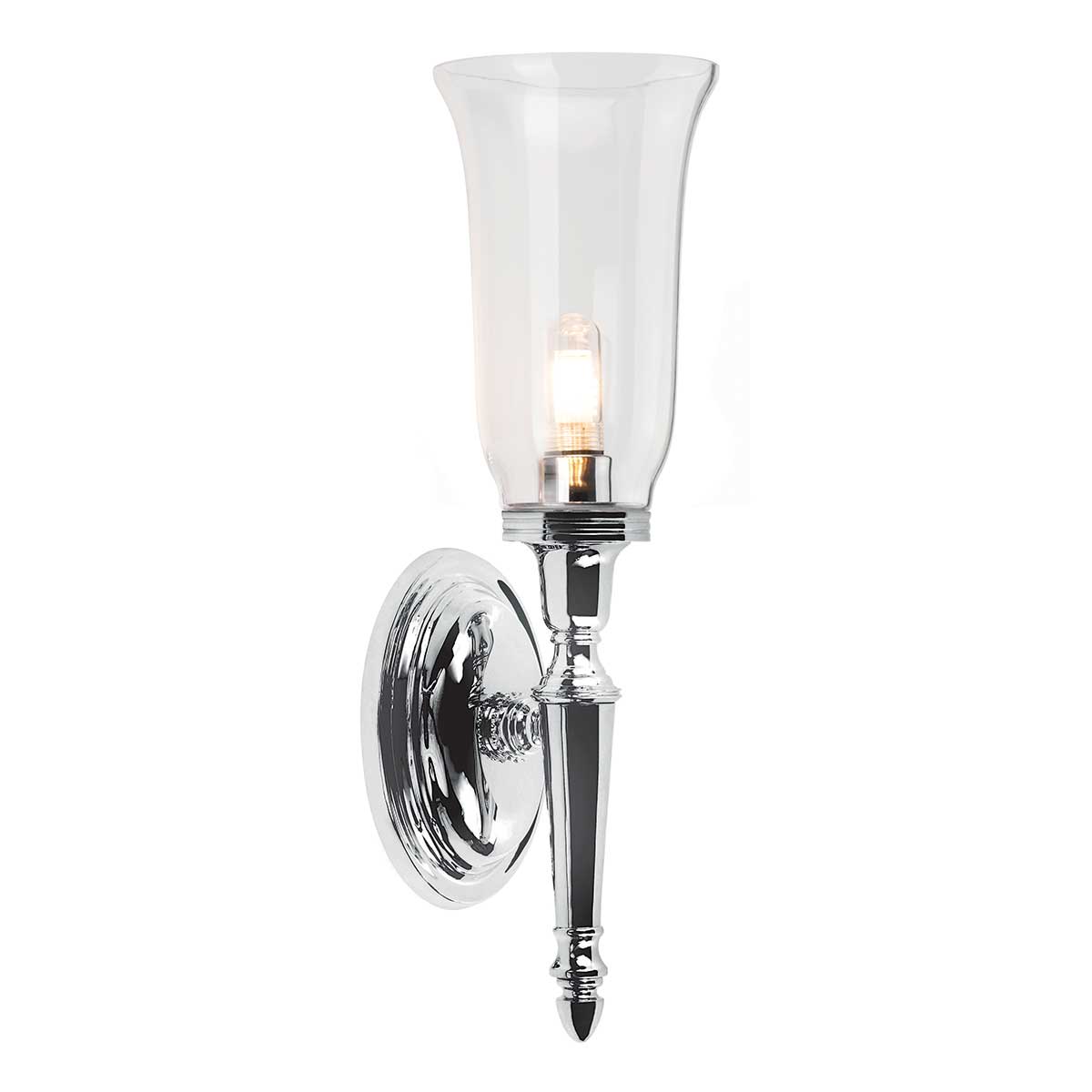 Dryden 40cm Gepolijst chroom badkamerlamp Van Elstead Lighting - De lamp heeft prachtige glasdetails en is IP44-geclassificeerd, waardoor hij geschikt is voor gebruik in de badkamer.