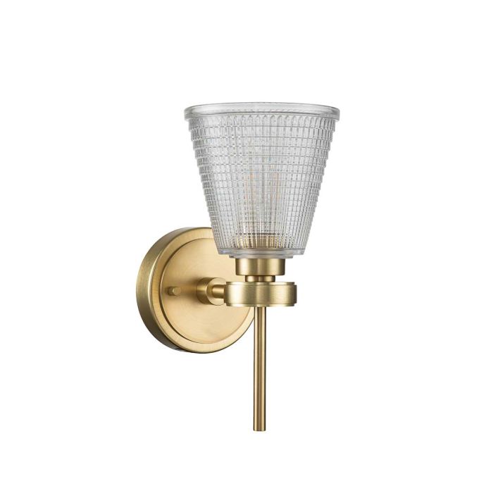 Gunnislake 13cm Geborsteld messing badkamerlamp Van Elstead Lighting - De lamp is gemaakt van staal met een geborsteld messing afwerking en heeft een heldere, gestructureerde glazen kap die zorgt voor een gelijkmatige en niet-verblindende lichtverspreiding.