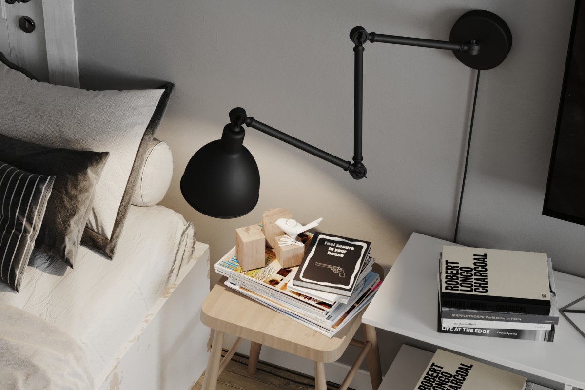 Bazar 122cm Zwart wandlamp Van By Rydéns - Dankzij de buigzame scharnieren en de richtbare lampkop is Bazar ideaal als leeslamp in de slaapkamer en als lichtbron boven het aanrecht in de keuken.