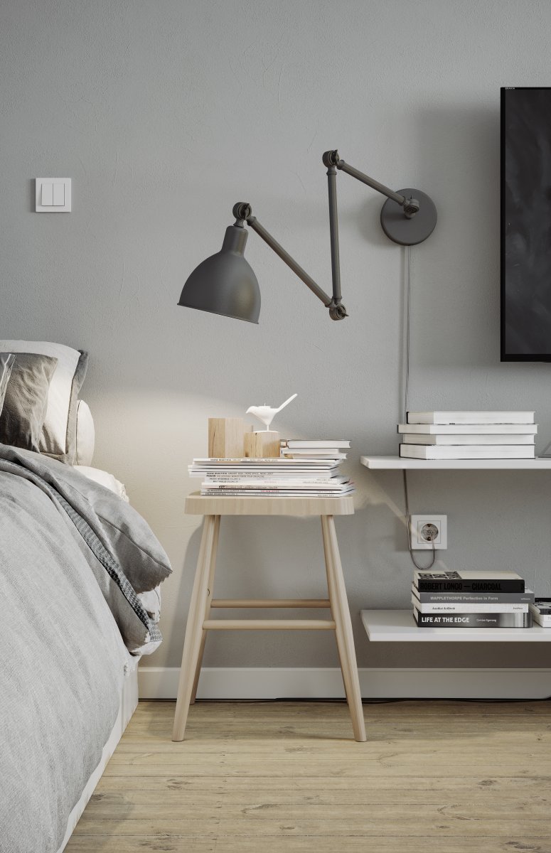 Bazar 122cm Grijs wandlamp Van By Rydéns - Dankzij de buigzame scharnieren en de richtbare lampkop is Bazar ideaal als leeslamp in de slaapkamer en als lichtbron boven het aanrecht in de keuken.