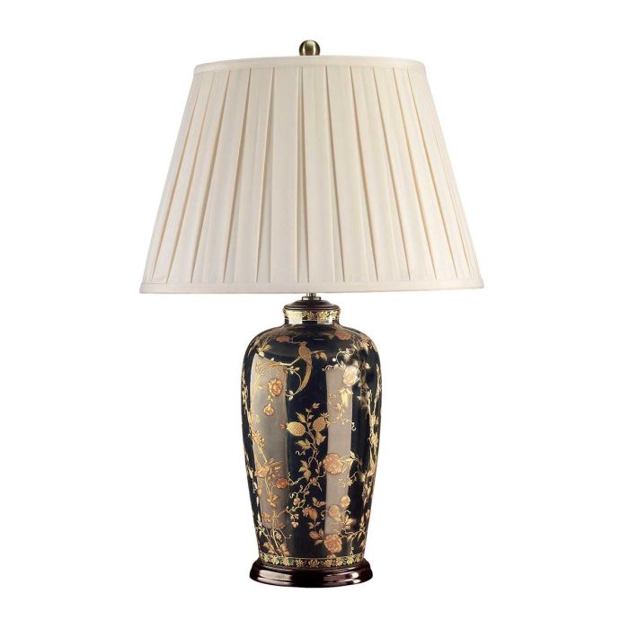 Black Birds 74cm Zwart tafellamp Van Elstead Lighting - Utrustad med en tr&auml;bas, veckad lampsk&auml;rm i kr&auml;mf&auml;rgad textil och en dekorativ avslutning i antikm&auml;ssing.