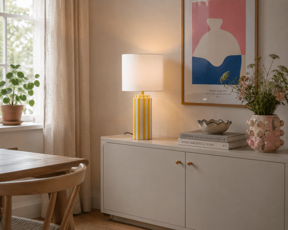 Faro 50cm Geel/wit tafellamp Van Nordic Lighting - Faro is een stijlvolle tafellamp die een klassieke vorm combineert met een grafische uitstraling.