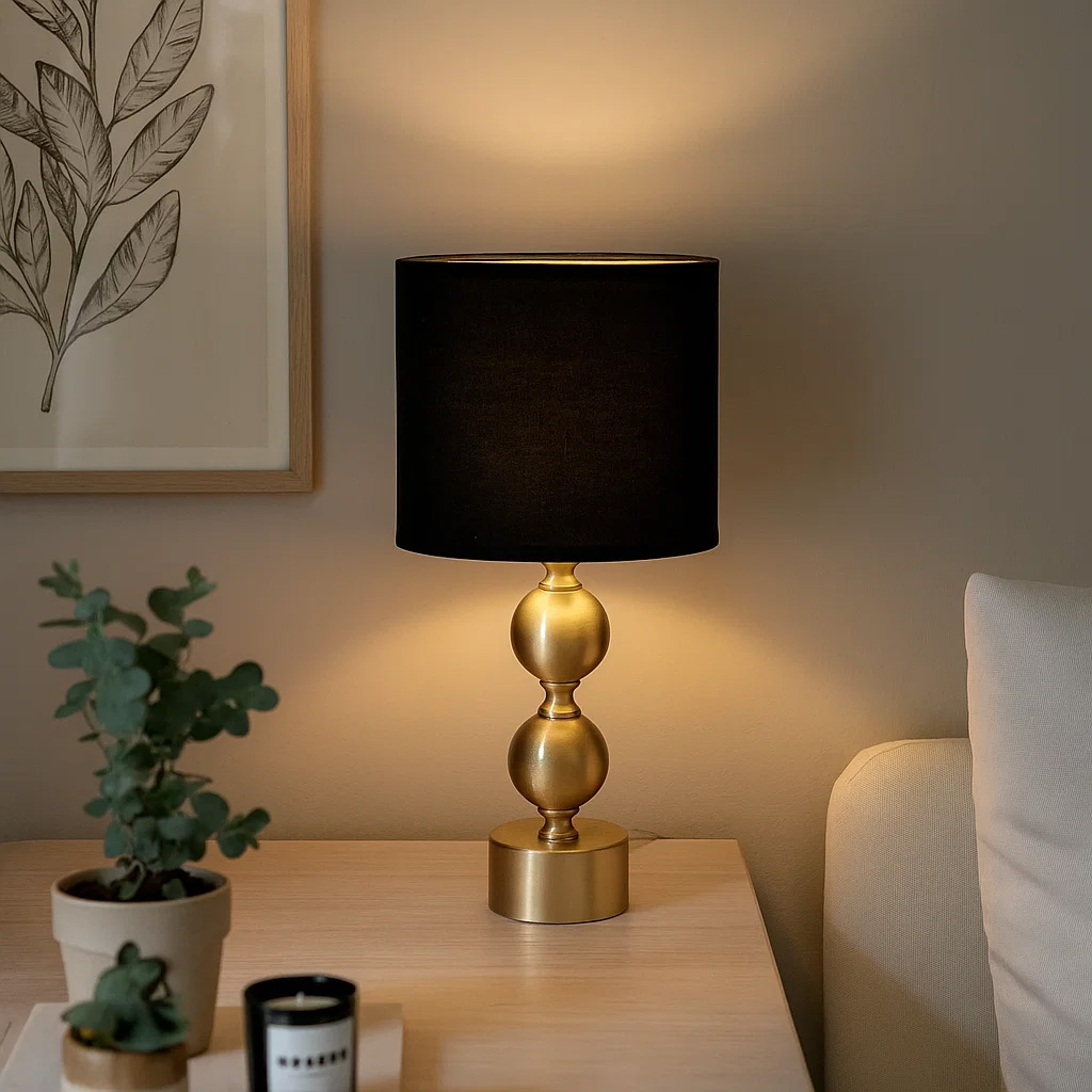 Circolo 48cm Messing/zwart tafellamp Van Nordic Lighting - De Circolo tafellamp combineert een decoratieve metalen voet met een elegante messing afwerking en een klassieke zwarte linnen kap.