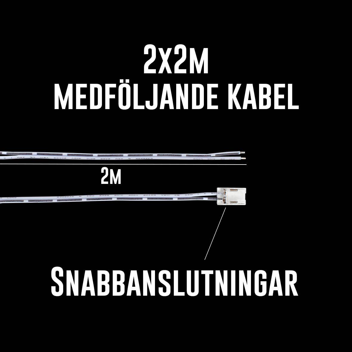 Cobby LED-strip 12V 3000K 5m IP44 Van Designlight - Dit is inbegrepen in de verpakkingCobby 12V LED-strip IP44 (5 m)2 startkabels, 2 meter per kabelSnelkoppelingen voor een veilige en stabiele aansluiting op de LED-stripDe LED-strip wordt compleet geleverd met twee startkabels van elk 2 meter, voorzien van zorgvuldig geselecteerde snelkoppelingen die het risico op los contact minimaliseren.