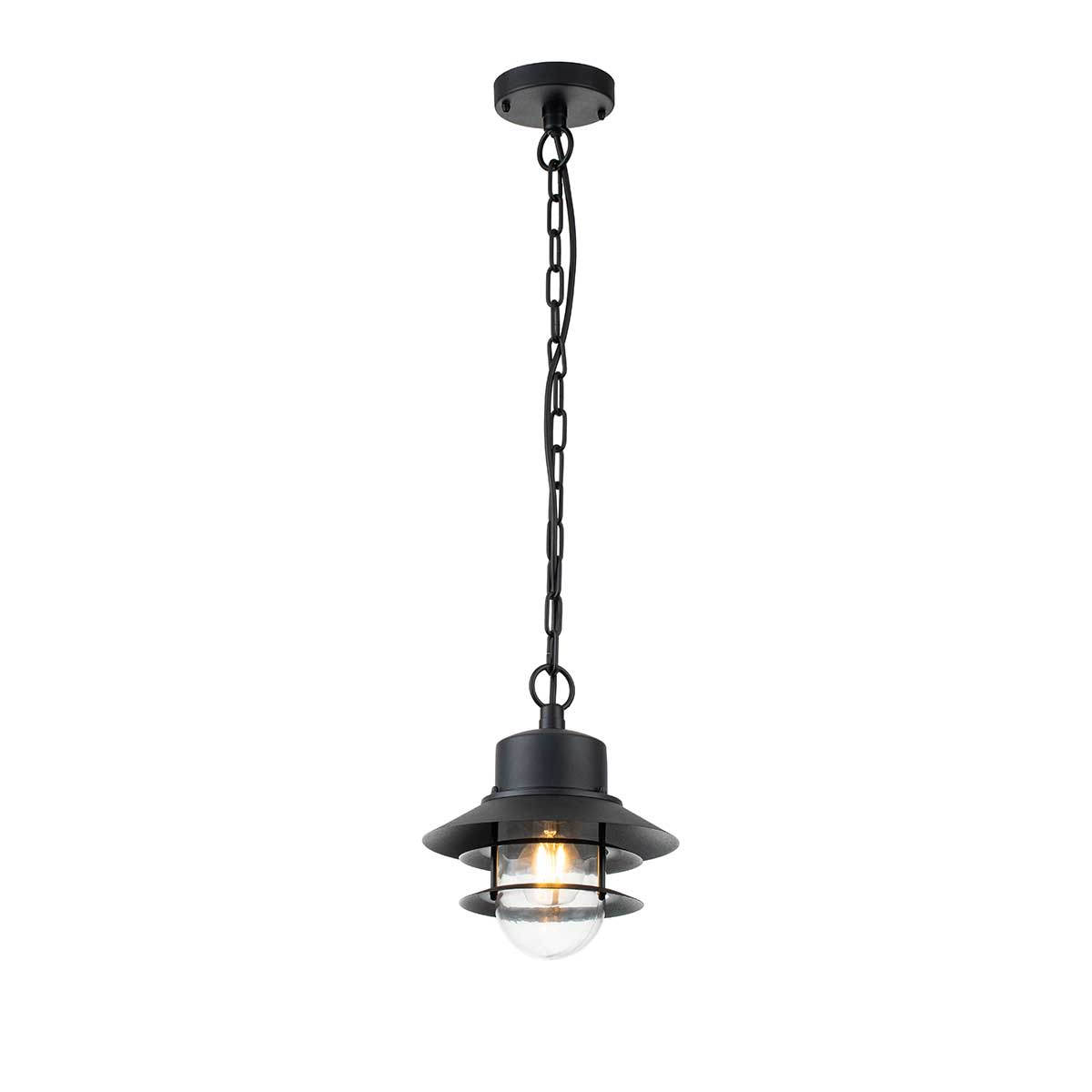 Copenhagen Ø22 Zwart Van Elstead Lighting - Tillverkad av rostfritt st&aring;l i svart finish och glas, erbjuder den en h&aring;llbar och v&auml;dert&aring;lig konstruktion som passar perfekt f&ouml;r entr&eacute;er, altaner och verandor.