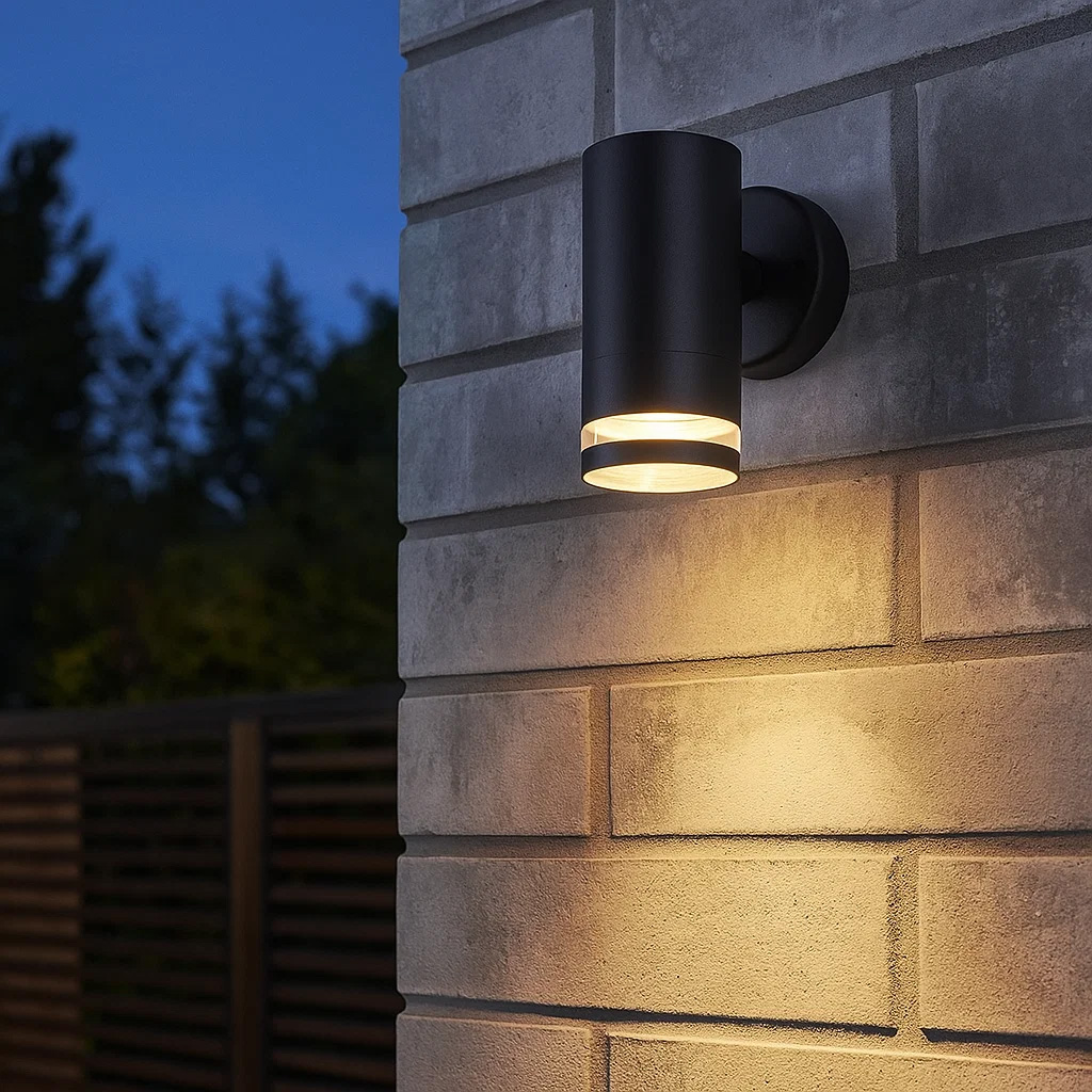 Cylinder Zwart buitenlamp Van Lampan - Lampan lyser fint ner p&aring; v&auml;ggen och skapar en h&auml;rlig atmosf&auml;r.