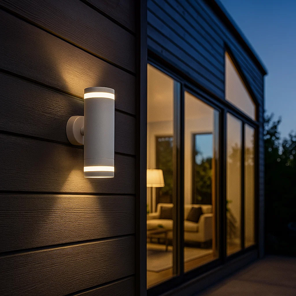 Cylinder Duo Wit buitenlamp Van Lampan - Lampan lyser fint b&aring;de upp och ner p&aring; v&auml;ggen.