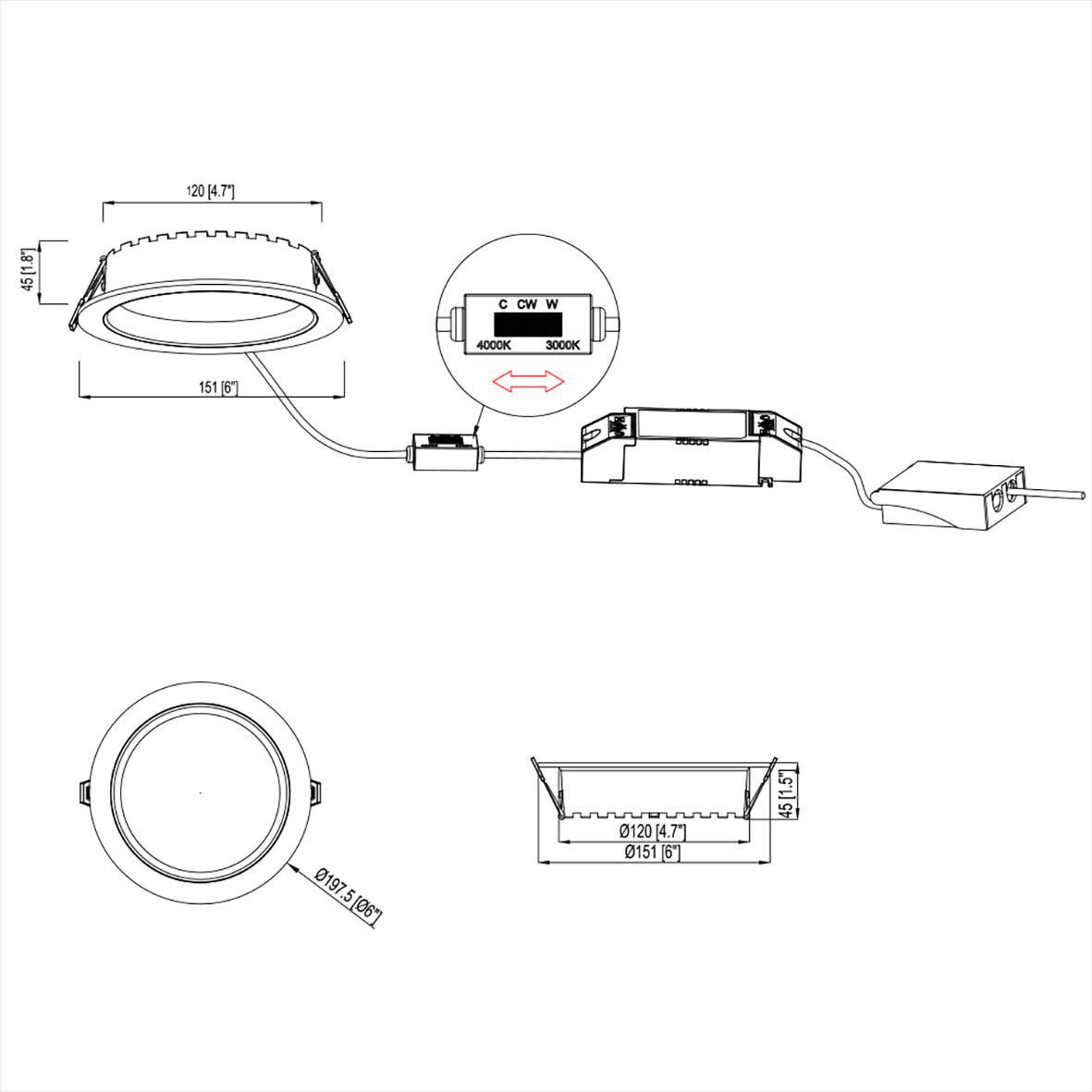 City Downlight 12/14/16W Wit Van Designlight - De vermogensinstelling gebeurt via de secundaire zijde van de driver en de lichtkleur wordt ingesteld via een regelaar op de kabel tussen de driver en de armatuur.