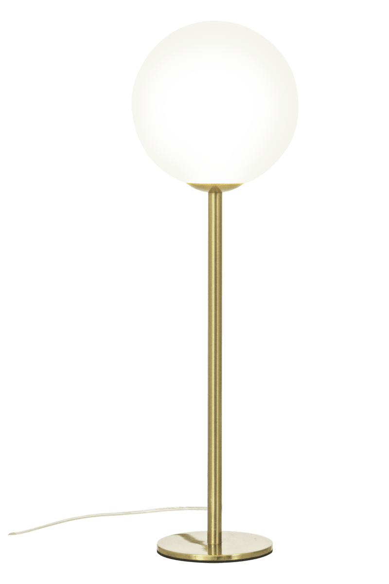 Molekyl 43cm Mat messing tafellamp Van Aneta Lighting - Met zijn opaalwitte glazen kap en minimalistische metalen voet in mat messing zorgt hij voor een verfijnde verlichting die in elke kamer een warme sfeer cre&euml;ert.