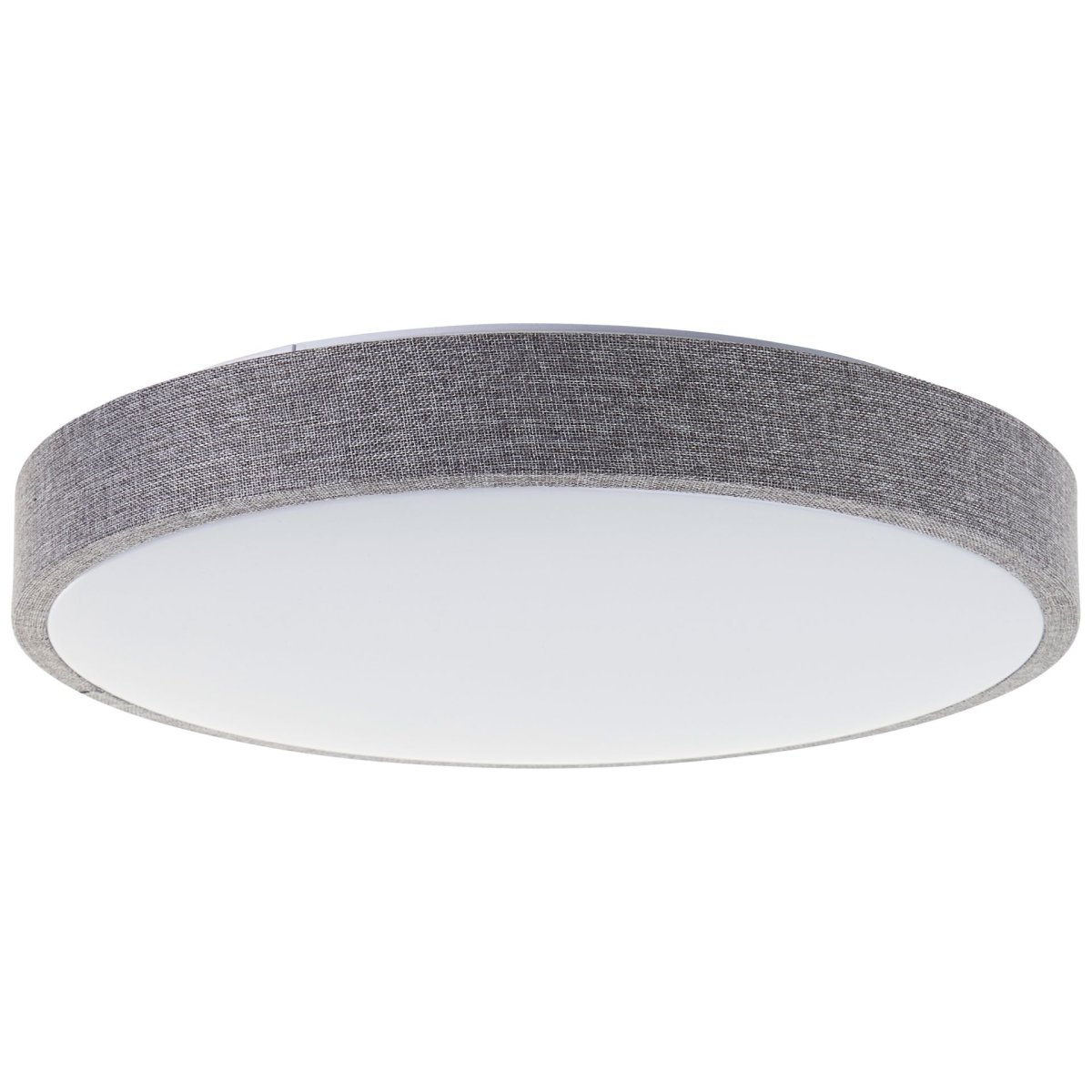 Filiz Ø38 Grijs plafondlamp Van Brilliant - Het grijze, met textiel beklede frame zorgt voor een zachte en gezellige uitstraling, terwijl de witte kunststof kap het licht gelijkmatig en zonder verblinding in de ruimte verspreidt.