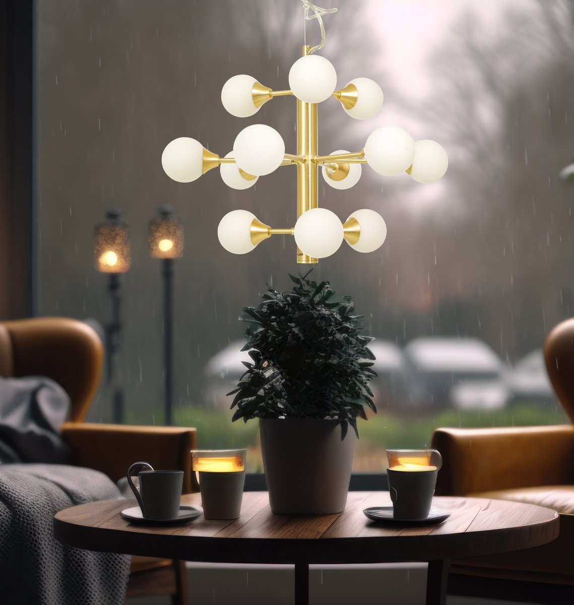 Cosmos Ø50 Mat Messing hanglamp Van Aneta Lighting - Cosmos plafondlamp in mat messingkleurig metaal met 12 opaalwitte glazen kappen.