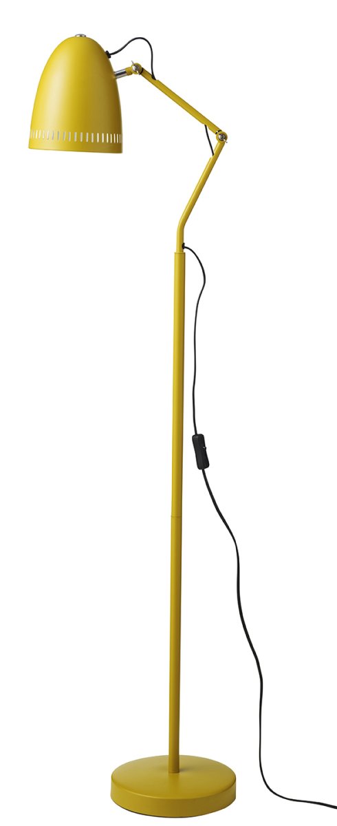 Dynamo 1 Geel vloerlamp Van Superliving - De klassieke kap met decoratieve gaten zorgt voor een aangename lichtverdeling, terwijl de armen met twee vlinderschroeven het eenvoudig maken om de lamp te verstellen en in de gewenste positie te bevestigen.
