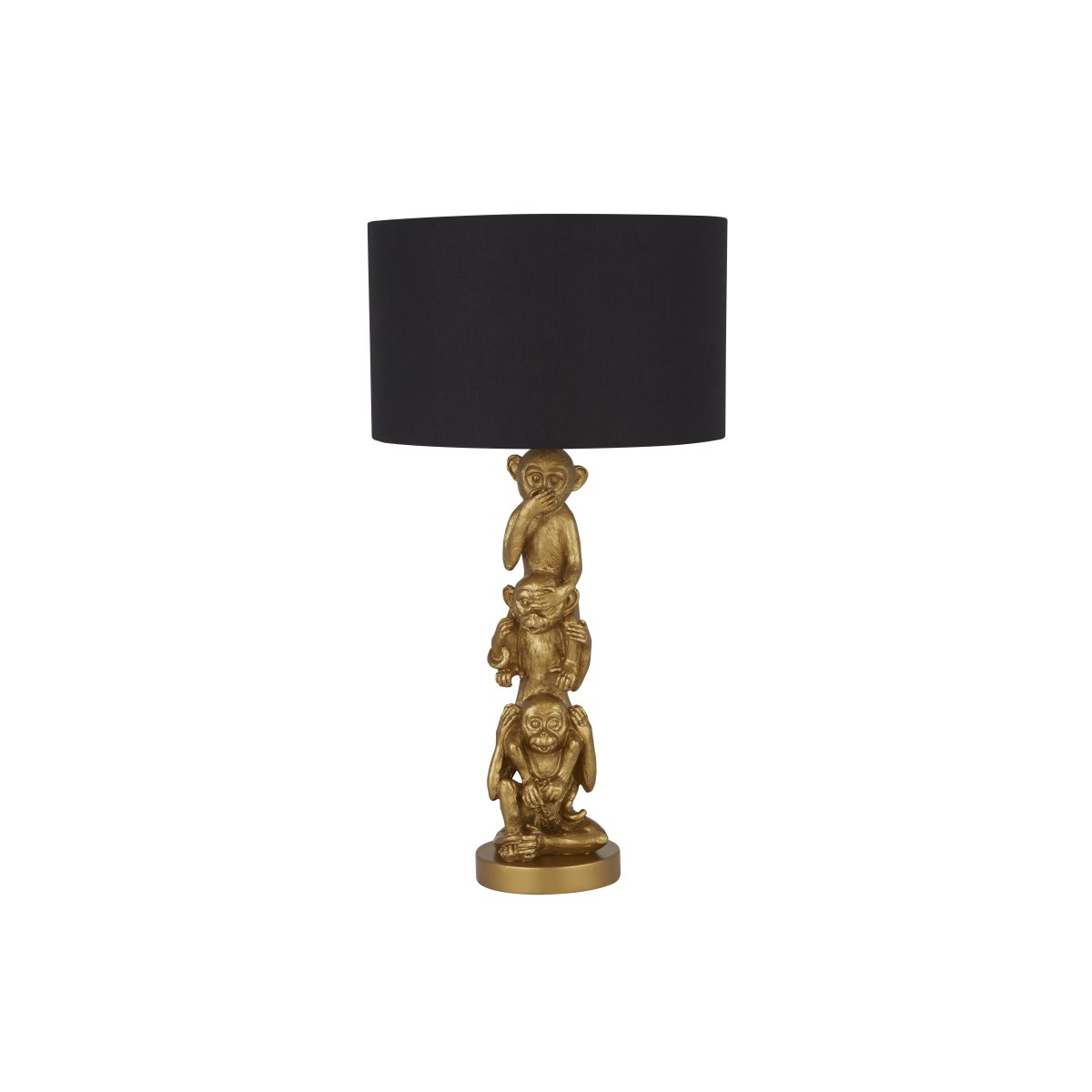 Monkey 40cm Goud tafellamp Van Searchlight - Deze charmante tafellamp heeft een gedetailleerde aap op een gouden frame met een zwarte kap en een witte binnenkant.