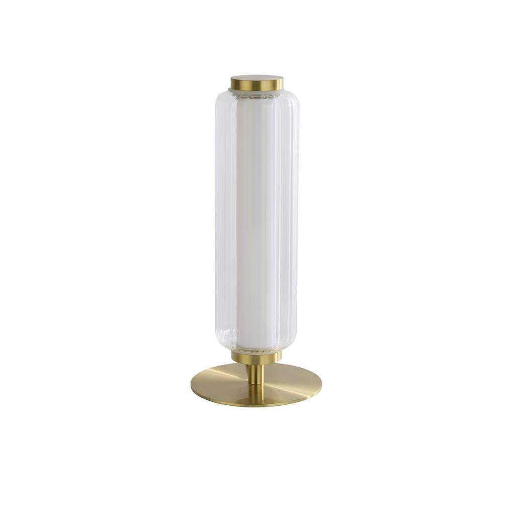 Mod 30cm Messing tafellamp Van Searchlight - Het geribbelde glas zorgt voor een prachtig spel van licht, schaduwen en reflecties, wat de ruimte extra diepte en karakter geeft.