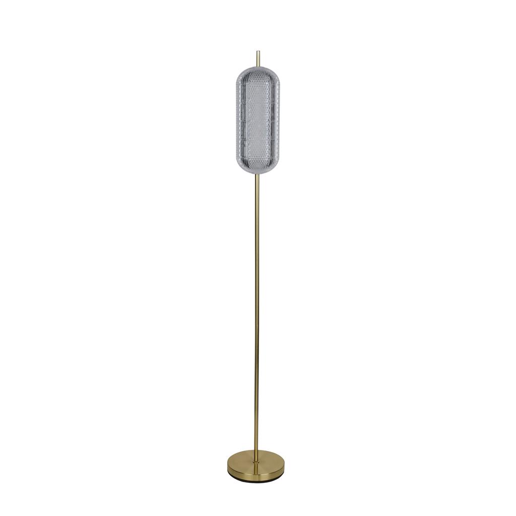 Capsule Messing vloerlamp Van Searchlight - Capsule is een elegante en moderne staande lamp met details van satijnmessing en een kap van acrylglas die een zacht en aangenaam licht verspreidt.