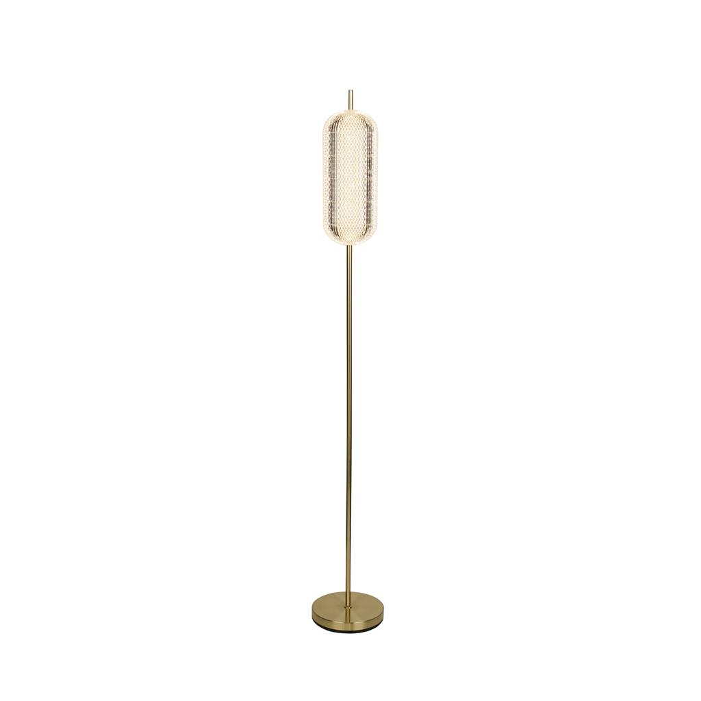 Capsule Messing vloerlamp Van Searchlight - Capsule is een elegante en moderne staande lamp met details van satijnmessing en een kap van acrylglas die een zacht en aangenaam licht verspreidt.