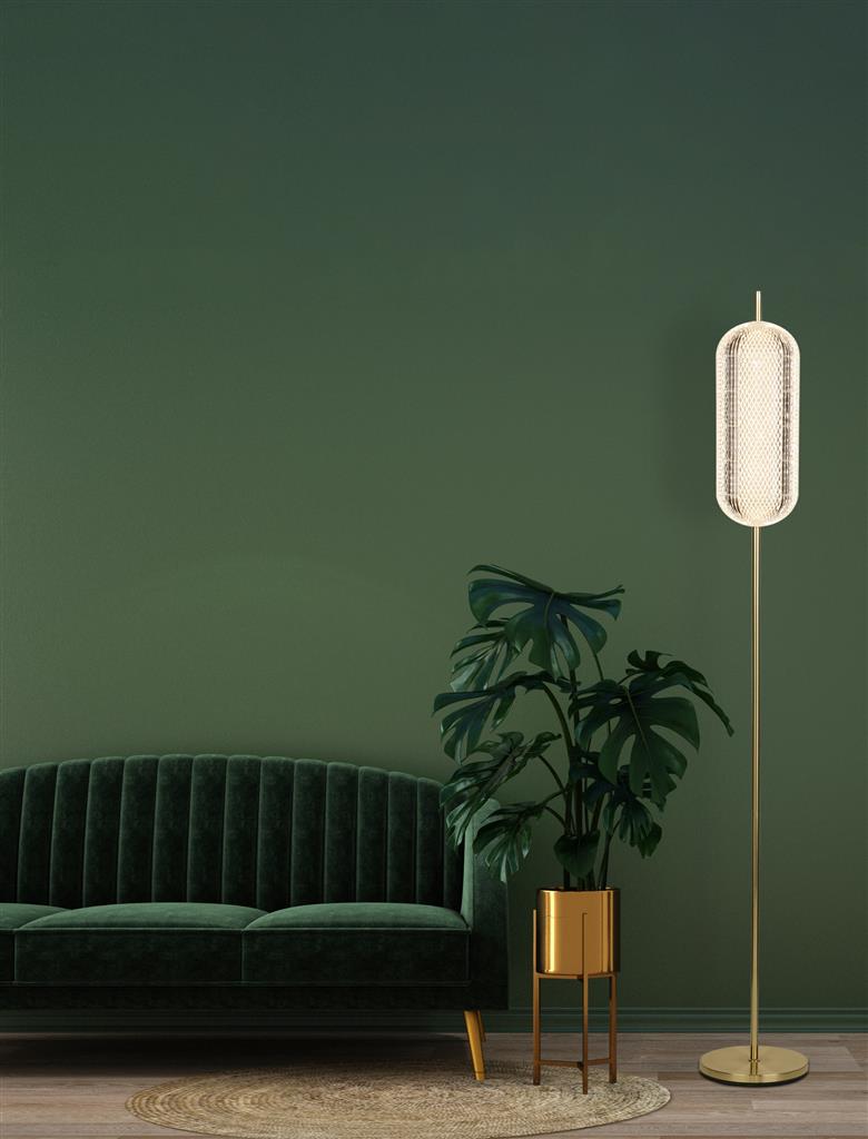 Capsule Messing vloerlamp Van Searchlight - Capsule is een elegante en moderne staande lamp met details van satijnmessing en een kap van acrylglas die een zacht en aangenaam licht verspreidt.