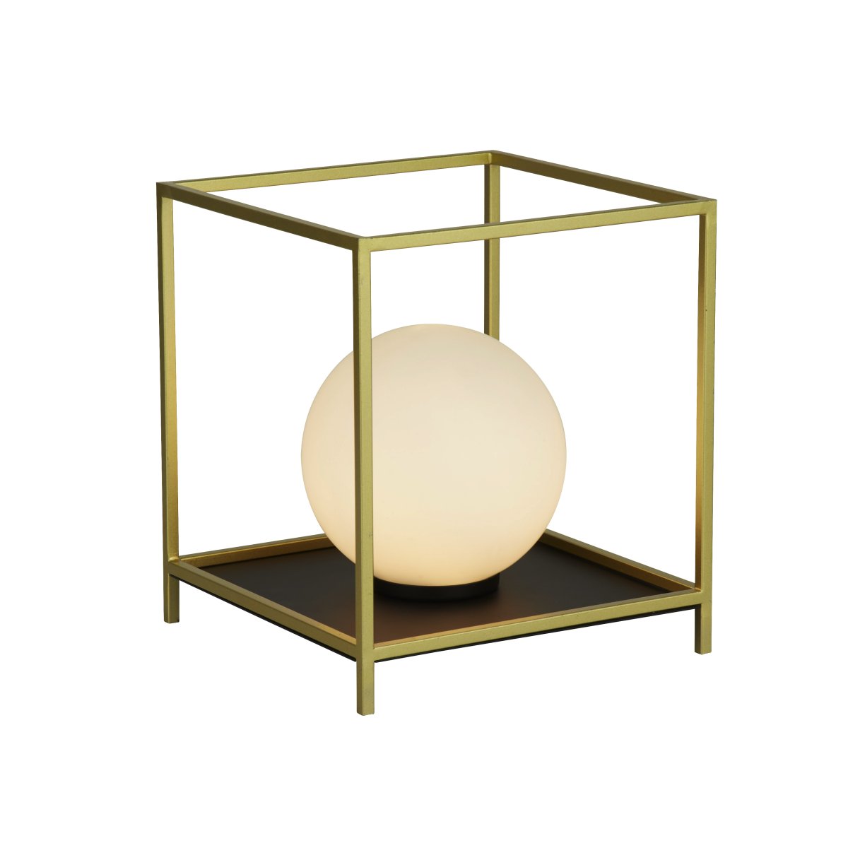 Block 20cm Goud tafellamp Van Searchlight - De bolvormige opaalwitte lichtbron wordt omlijst door een vierkante metalen structuur met een gouden afwerking, waardoor een perfecte balans ontstaat tussen vorm en functie.