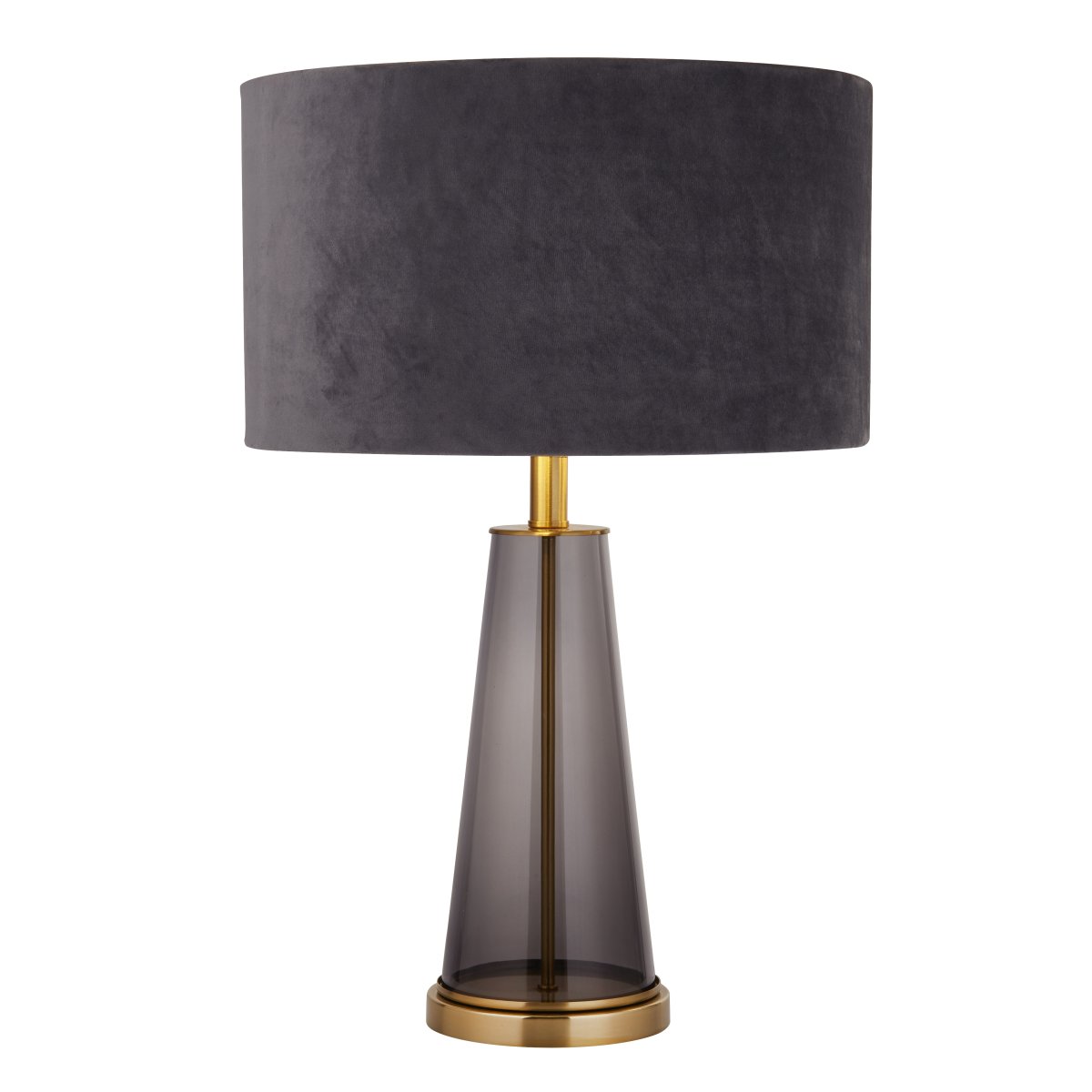 Verona 44cm Grijs tafellamp Van Searchlight - Met een voet van gerookt glas en goud, bekroond met een grijze kap van fluweel, is deze 60 cm hoge tafellamp een elegant en verfijnd detail in uw huis.