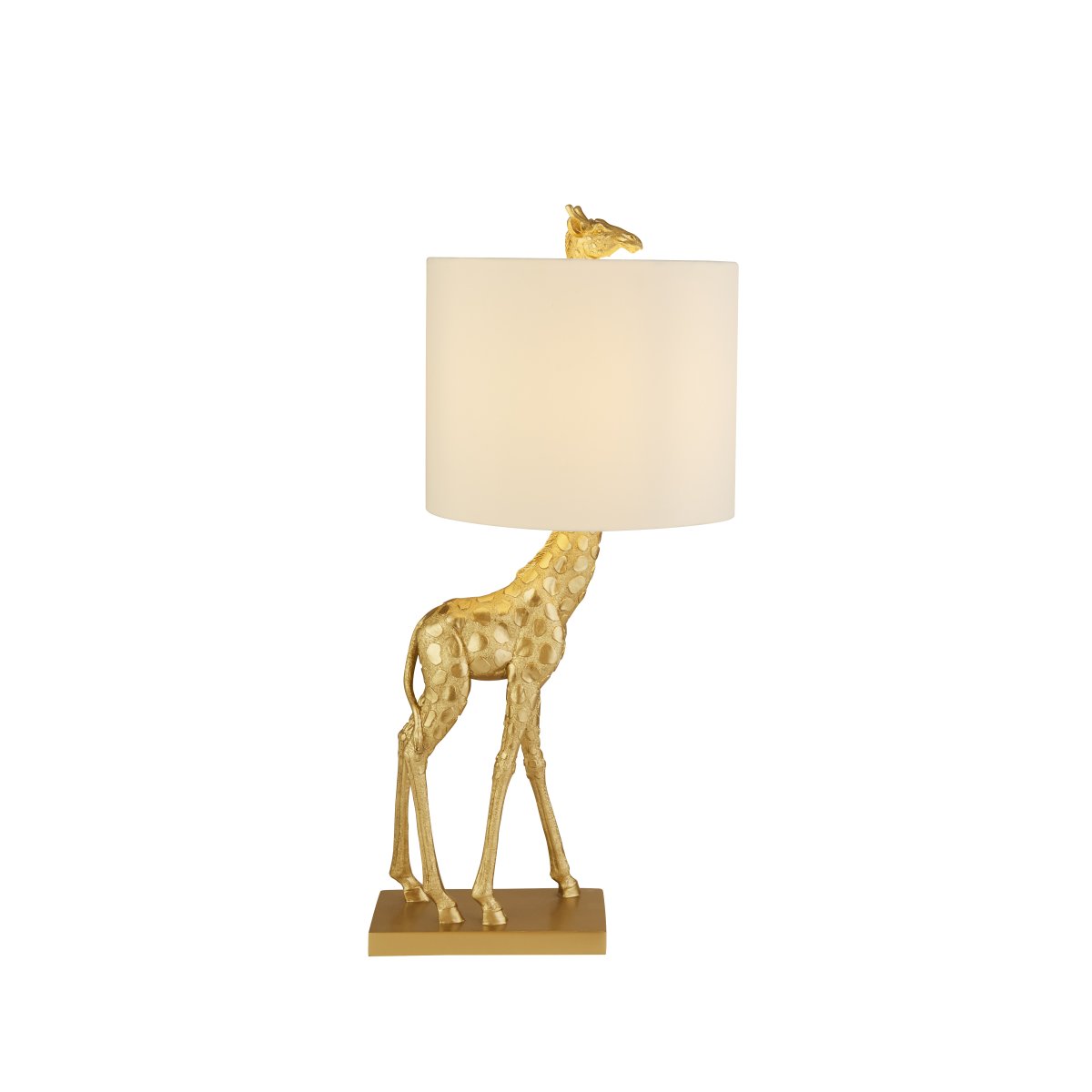 Giraffe 40cm Goud tafellamp Van Searchlight - De stijlvolle witte kap geeft een zacht en aangenaam licht, perfect om een gezellige sfeer te creëren in de kinderkamer, woonkamer of hal.