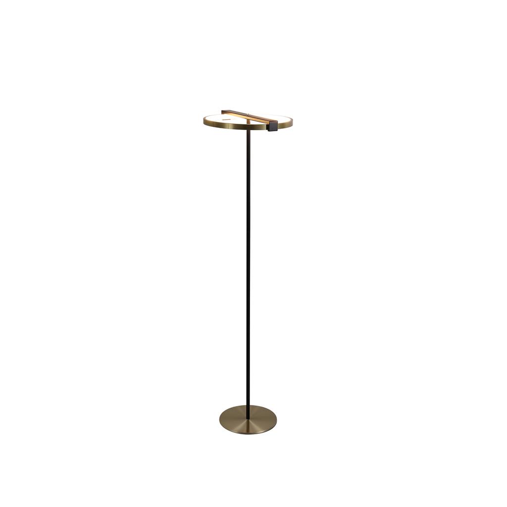 Aerial Messing/zwart vloerlamp Van Searchlight - De ronde ring met ge&iuml;ntegreerde LED verspreidt een gelijkmatig en aangenaam licht dat perfect past in de woonkamer, bij de leesstoel of als decoratieve verlichting in een hoek.