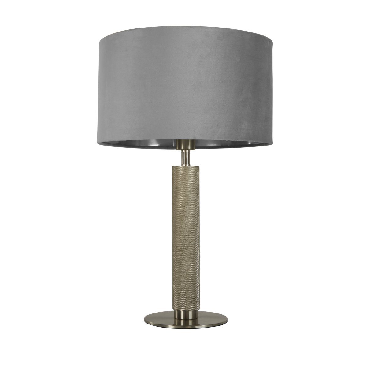 London 63cm Grijs tafellamp Van Searchlight - De satijnen zilveren geribbelde basis zorgt voor duurzaamheid en een luxe uitstraling, terwijl de prachtige zilveren kleur warmte en rijkdom toevoegt aan uw interieur.