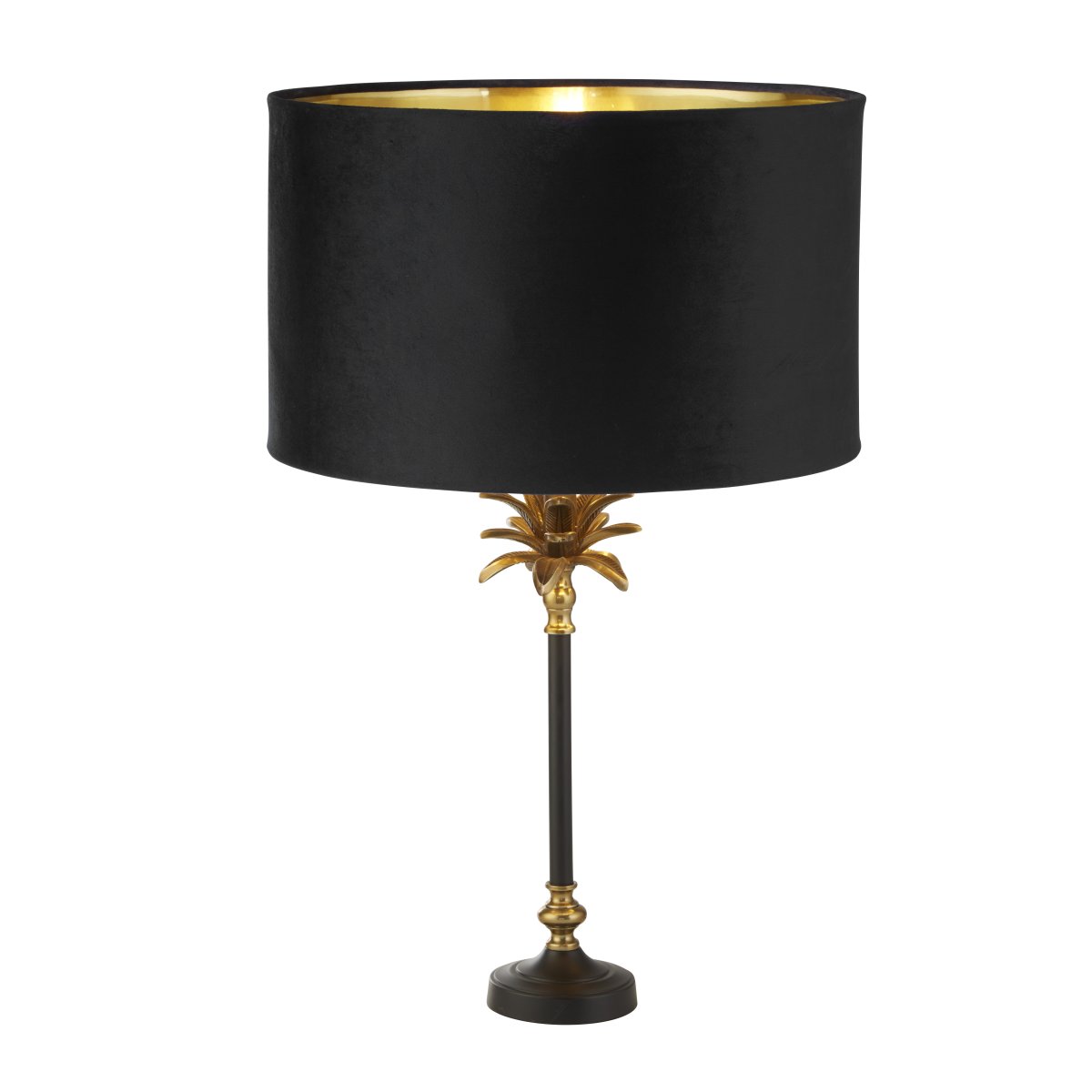 Palm 45cm Zwart tafellamp Van Searchlight - Gemaakt van hoogwaardige materialen, heeft het een basis van matzwart en antiek messing in de vorm van een palmboom, met daarbovenop een luxe zwarte fluwelen kap met een goudkleurige binnenkant.