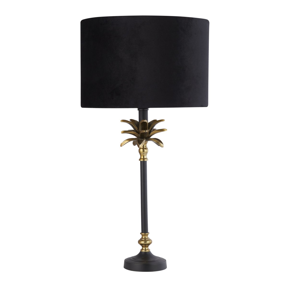 Palm 45cm Zwart tafellamp Van Searchlight - Gemaakt van hoogwaardige materialen, heeft het een basis van matzwart en antiek messing in de vorm van een palmboom, met daarbovenop een luxe zwarte fluwelen kap met een goudkleurige binnenkant.